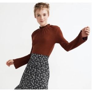 Women M Madewell Texture & Thread Ruffled Mockneck Top Long Slv Rust Blouse